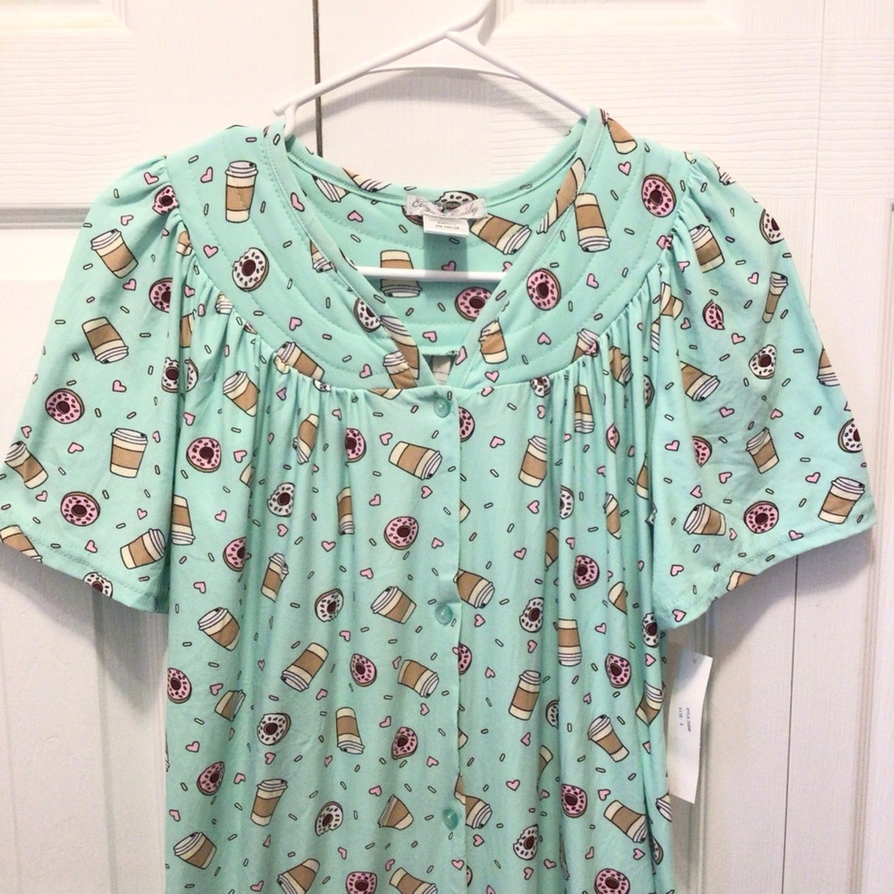 Elegant Emily Women's Coffee & Donut Print Short Sleeve Button Down Duster Gown